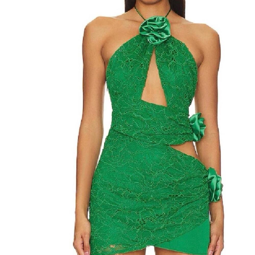 Green lace halter mini dress
